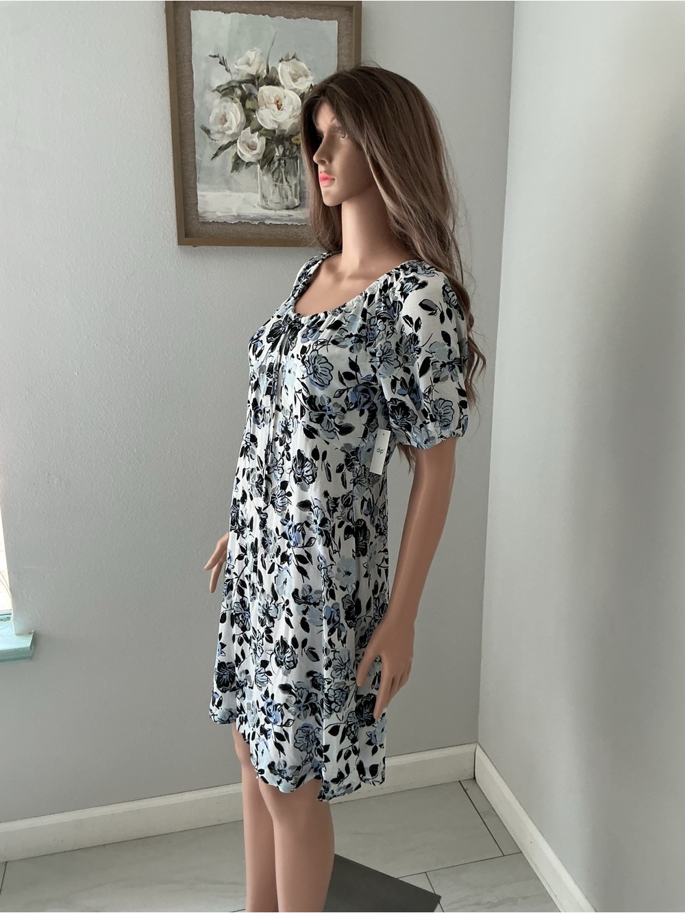 dip White Dress with Blue & Black Floral Print - Picture 3 of 11